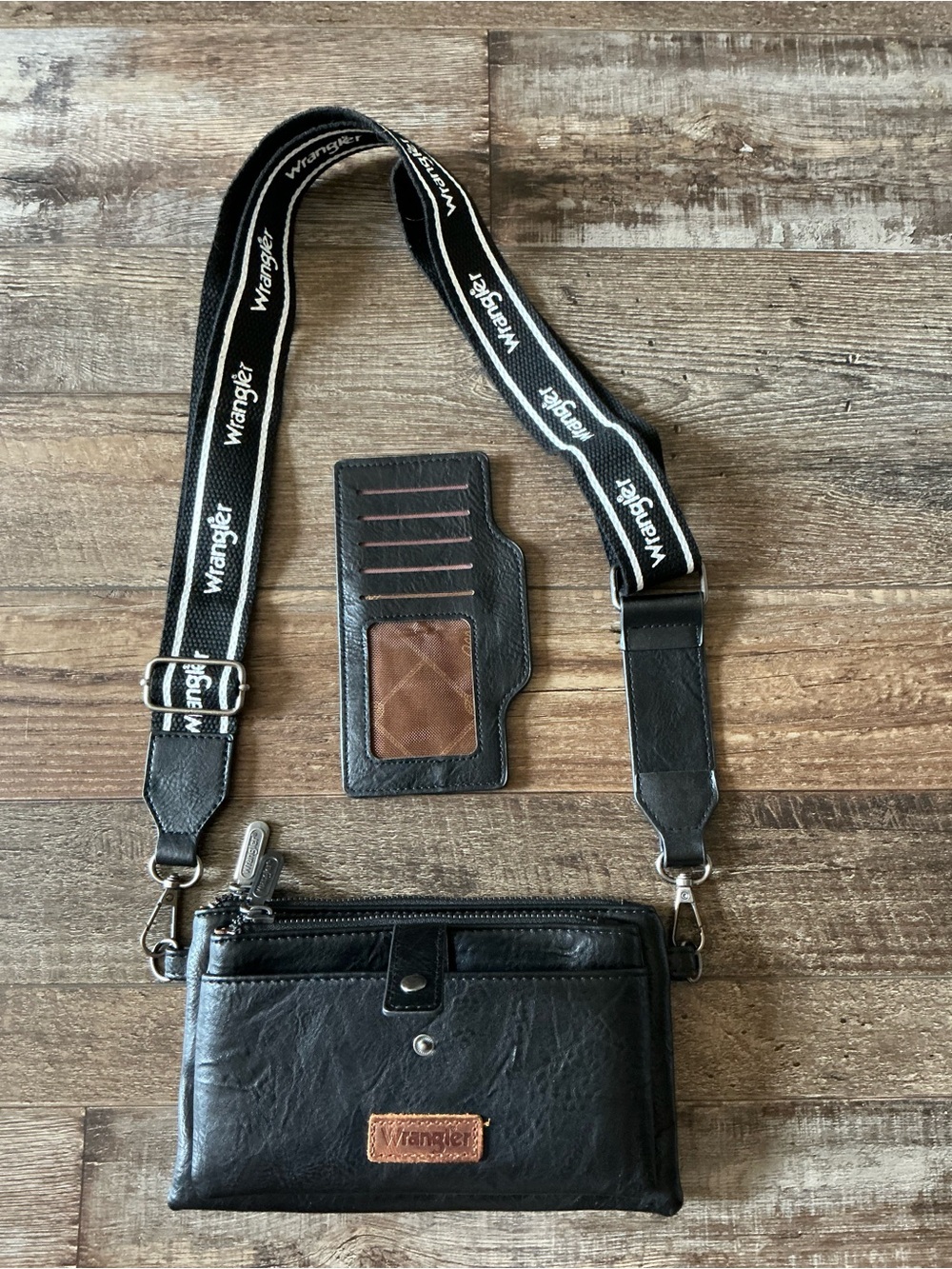 Wrangler Black Crossbody Phone Pouch with Brown Cardholder
